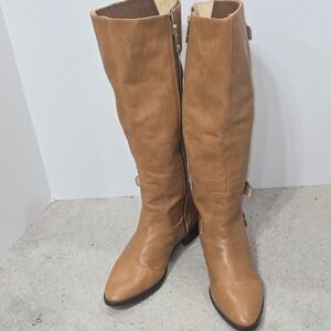 Michael Kors Leather Knee High Boots Tan Buckle Side Zip Women 8.5M